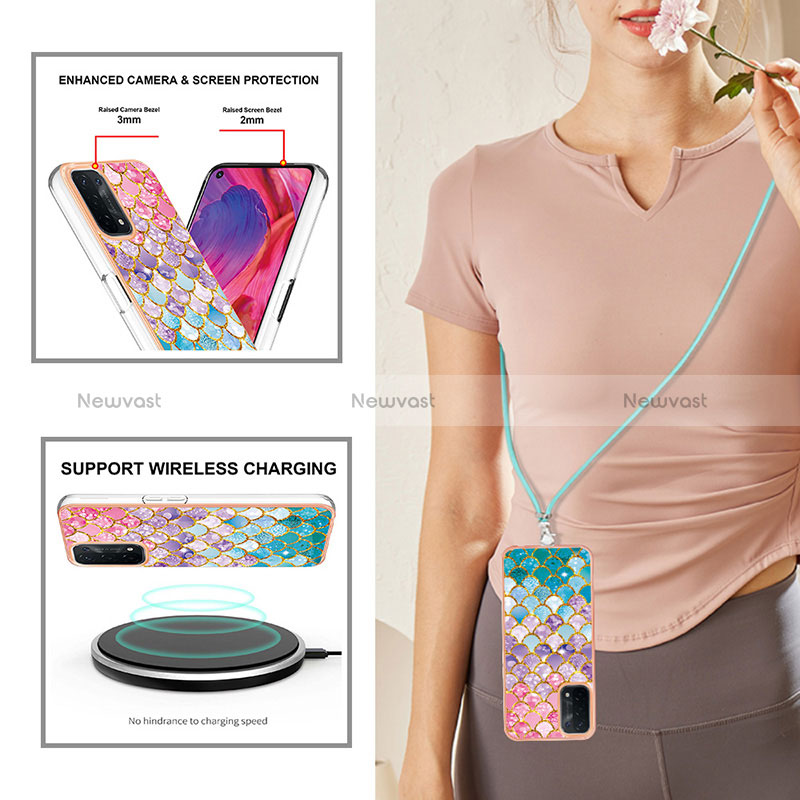 Silicone Candy Rubber Gel Fashionable Pattern Soft Case Cover with Lanyard Strap Y03B for Oppo A74 5G