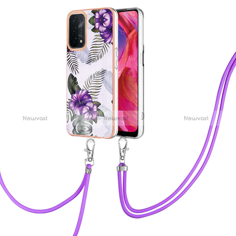 Silicone Candy Rubber Gel Fashionable Pattern Soft Case Cover with Lanyard Strap Y03B for Oppo A74 5G Purple