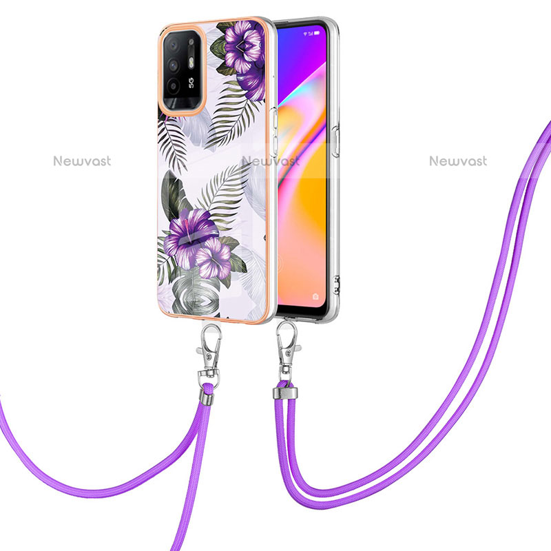 Silicone Candy Rubber Gel Fashionable Pattern Soft Case Cover with Lanyard Strap Y03B for Oppo A94 5G Purple