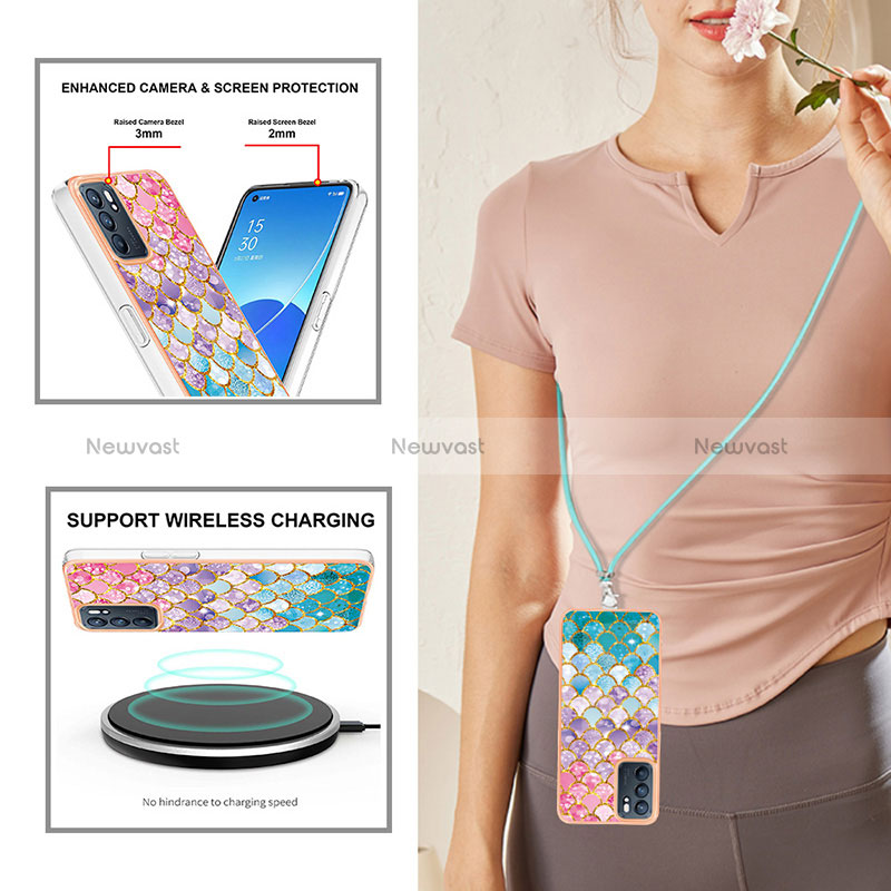 Silicone Candy Rubber Gel Fashionable Pattern Soft Case Cover with Lanyard Strap Y03B for Oppo Reno6 5G