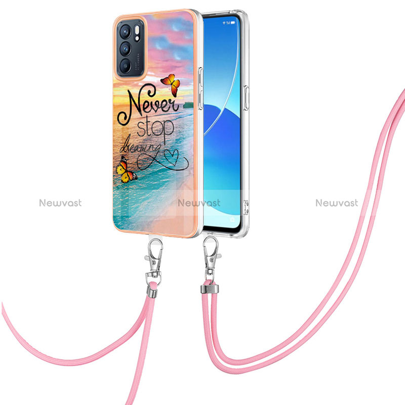 Silicone Candy Rubber Gel Fashionable Pattern Soft Case Cover with Lanyard Strap Y03B for Oppo Reno6 5G