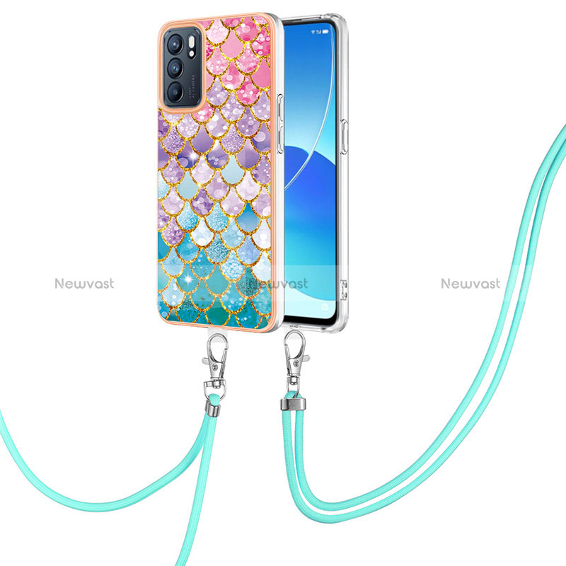 Silicone Candy Rubber Gel Fashionable Pattern Soft Case Cover with Lanyard Strap Y03B for Oppo Reno6 5G