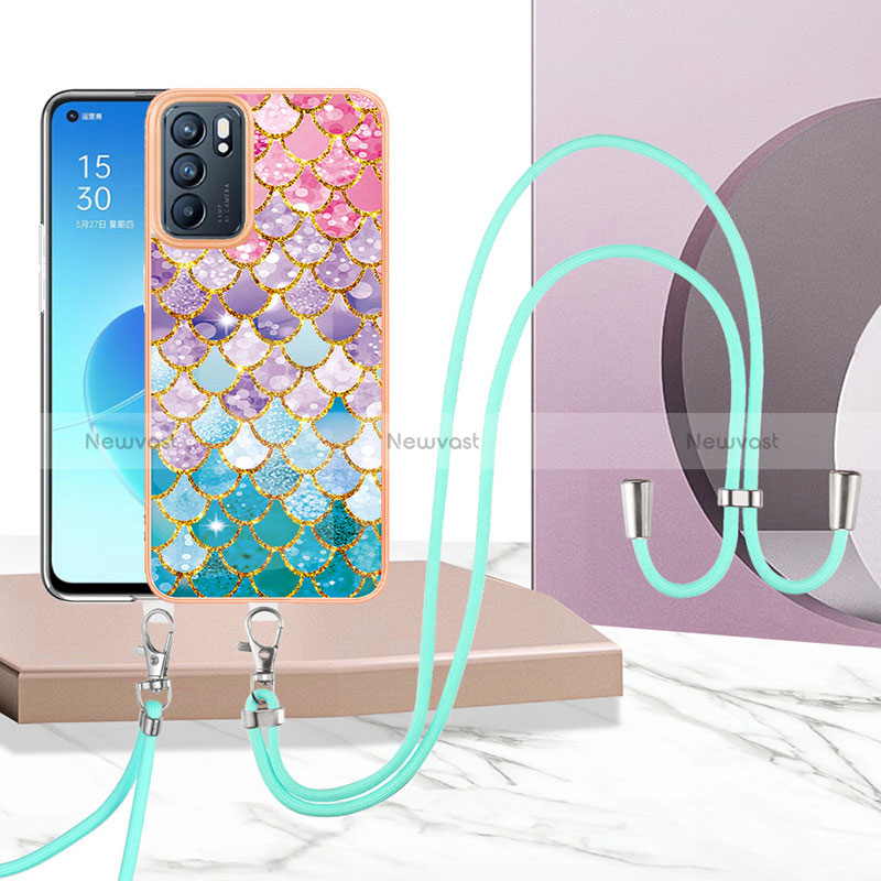 Silicone Candy Rubber Gel Fashionable Pattern Soft Case Cover with Lanyard Strap Y03B for Oppo Reno6 5G