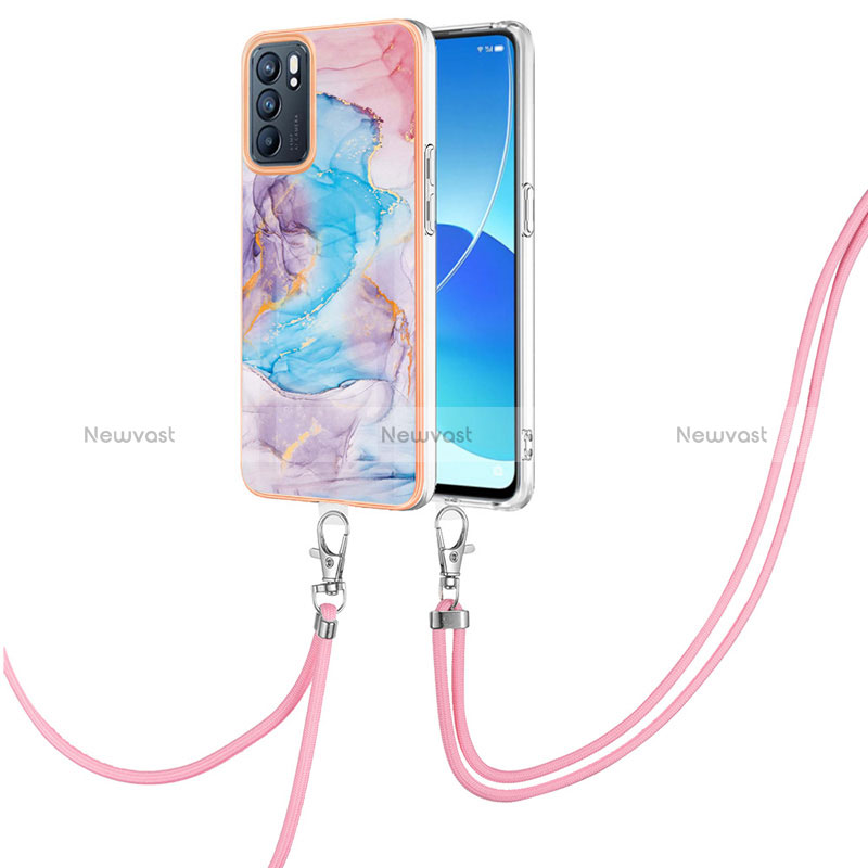 Silicone Candy Rubber Gel Fashionable Pattern Soft Case Cover with Lanyard Strap Y03B for Oppo Reno6 5G Blue