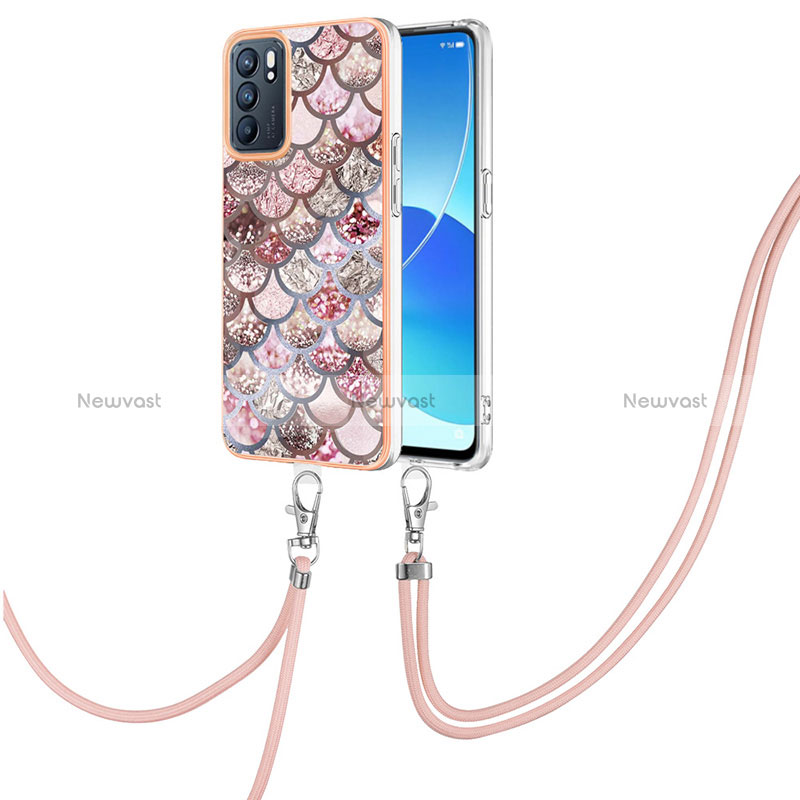 Silicone Candy Rubber Gel Fashionable Pattern Soft Case Cover with Lanyard Strap Y03B for Oppo Reno6 5G Brown