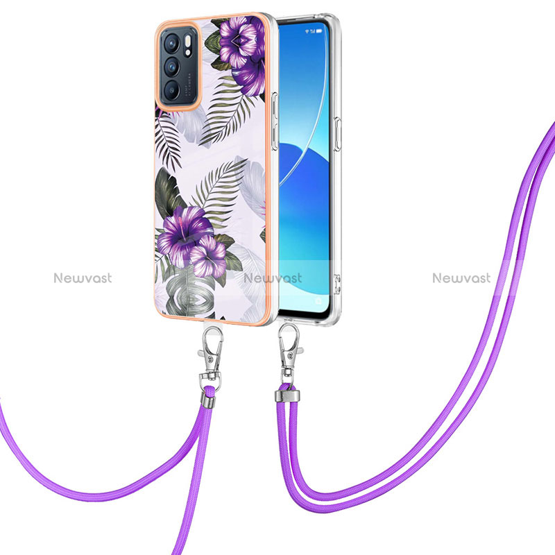 Silicone Candy Rubber Gel Fashionable Pattern Soft Case Cover with Lanyard Strap Y03B for Oppo Reno6 5G Purple