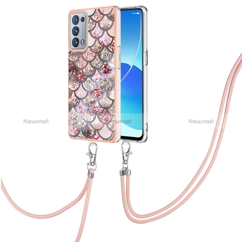 Silicone Candy Rubber Gel Fashionable Pattern Soft Case Cover with Lanyard Strap Y03B for Oppo Reno6 Pro 5G Brown