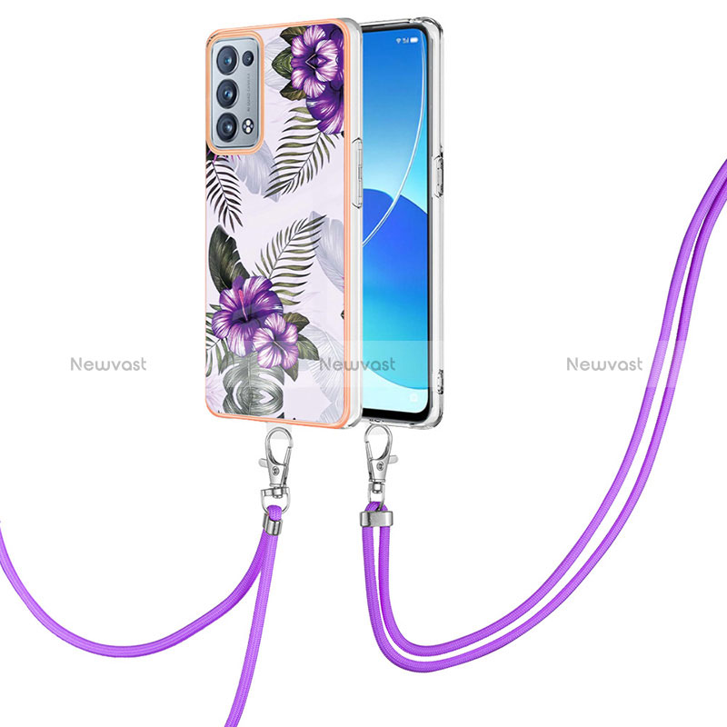 Silicone Candy Rubber Gel Fashionable Pattern Soft Case Cover with Lanyard Strap Y03B for Oppo Reno6 Pro 5G Purple