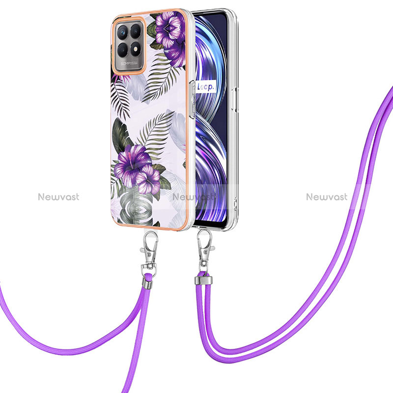 Silicone Candy Rubber Gel Fashionable Pattern Soft Case Cover with Lanyard Strap Y03B for Realme 8i Purple