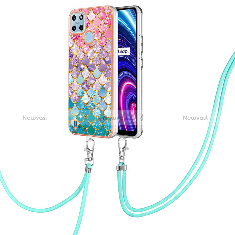 Silicone Candy Rubber Gel Fashionable Pattern Soft Case Cover with Lanyard Strap Y03B for Realme C21Y Colorful