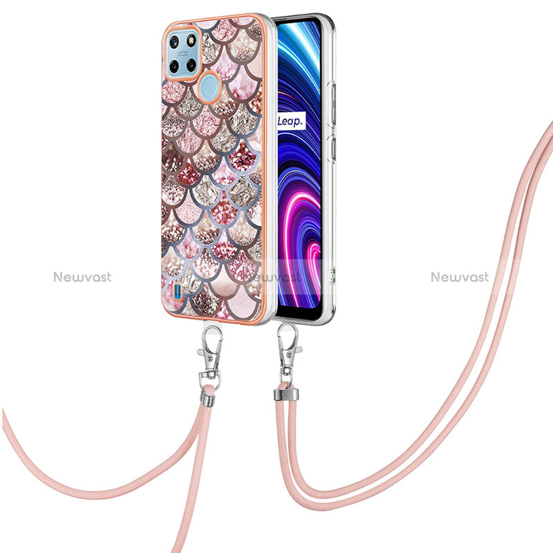 Silicone Candy Rubber Gel Fashionable Pattern Soft Case Cover with Lanyard Strap Y03B for Realme C25Y India