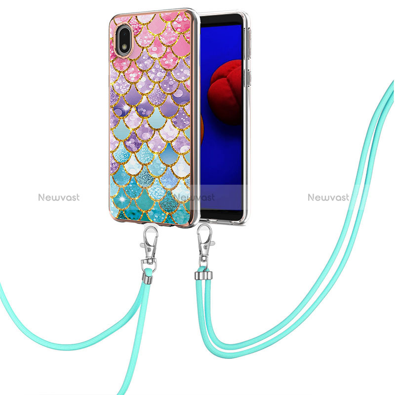 Silicone Candy Rubber Gel Fashionable Pattern Soft Case Cover with Lanyard Strap Y03B for Samsung Galaxy A01 Core Colorful