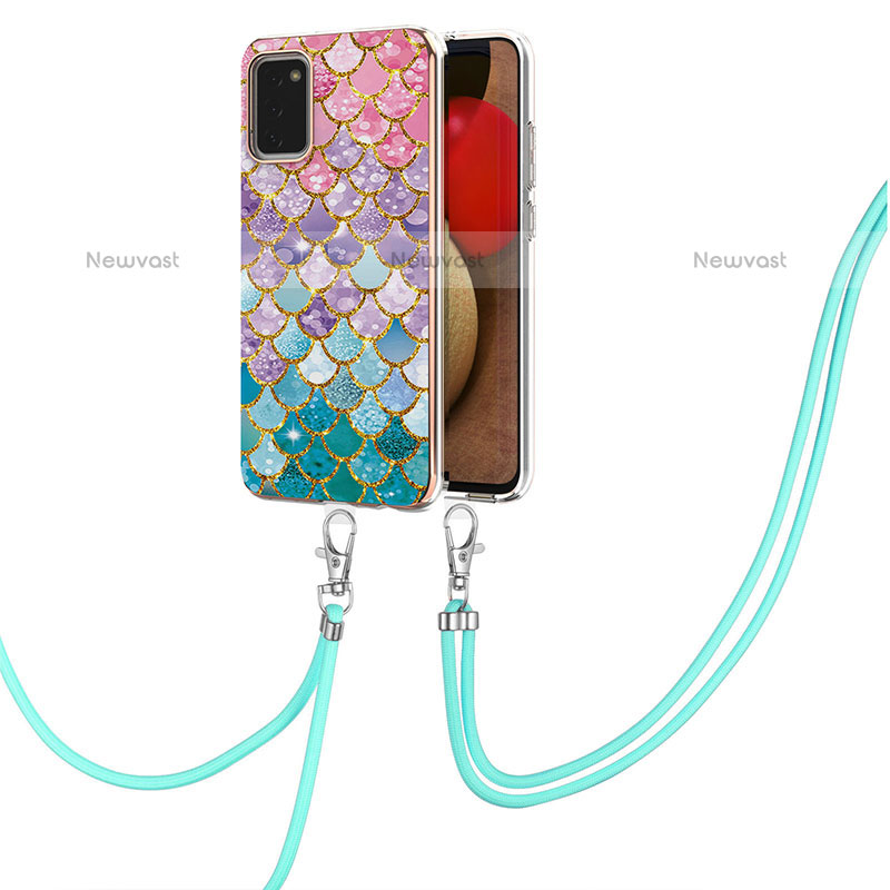 Silicone Candy Rubber Gel Fashionable Pattern Soft Case Cover with Lanyard Strap Y03B for Samsung Galaxy A02s Colorful