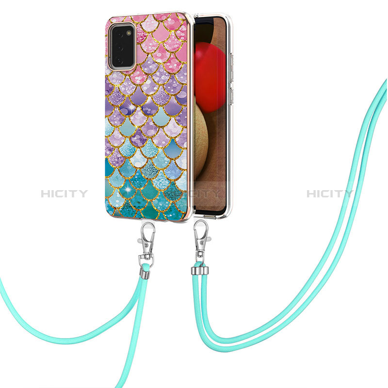 Silicone Candy Rubber Gel Fashionable Pattern Soft Case Cover with Lanyard Strap Y03B for Samsung Galaxy A03s Colorful