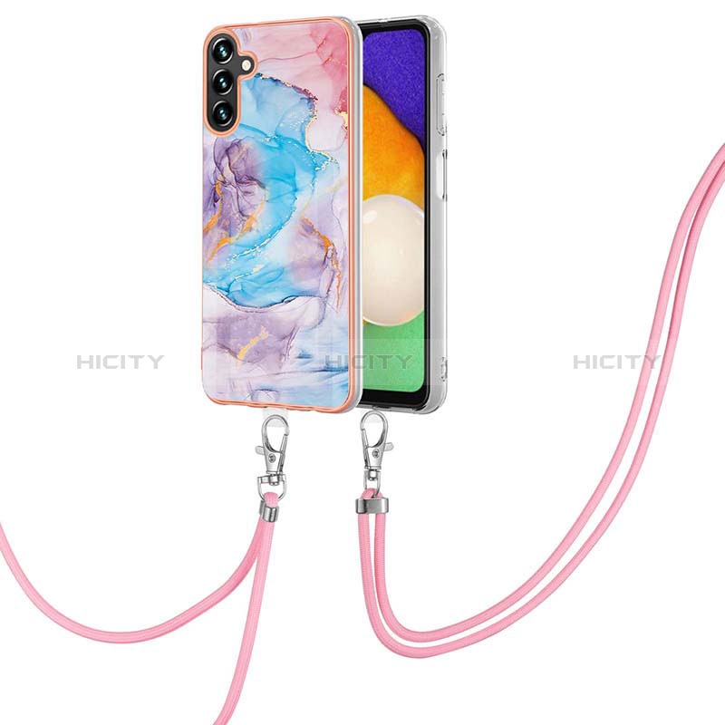 Silicone Candy Rubber Gel Fashionable Pattern Soft Case Cover with Lanyard Strap Y03B for Samsung Galaxy A04s Blue