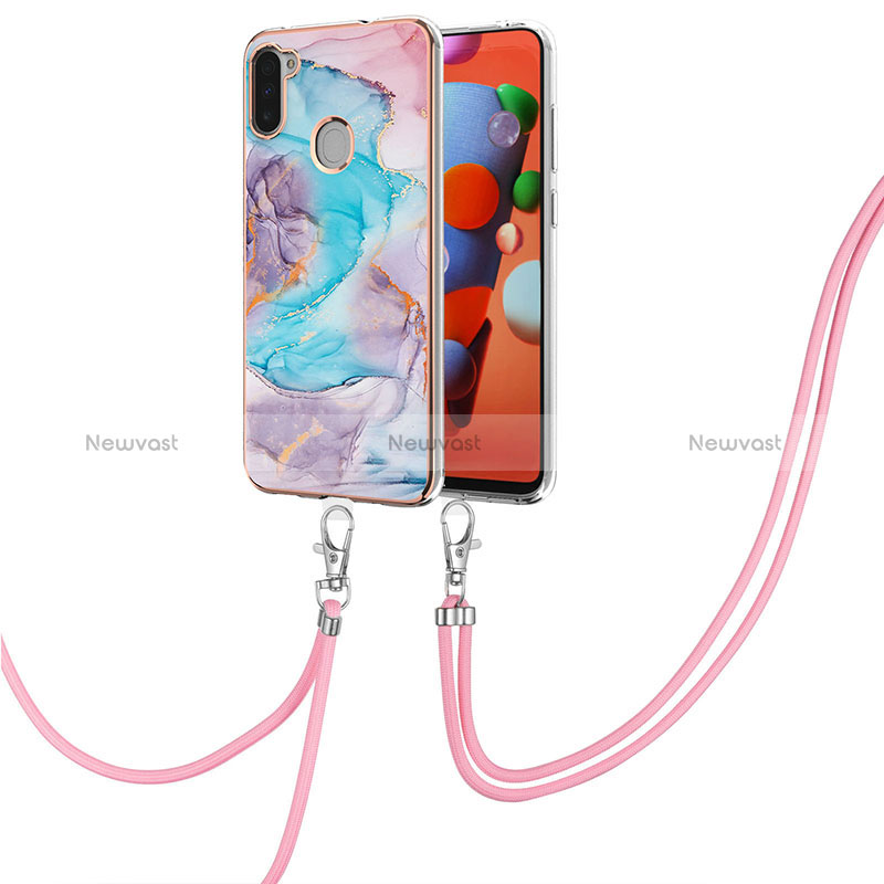 Silicone Candy Rubber Gel Fashionable Pattern Soft Case Cover with Lanyard Strap Y03B for Samsung Galaxy A11 Blue