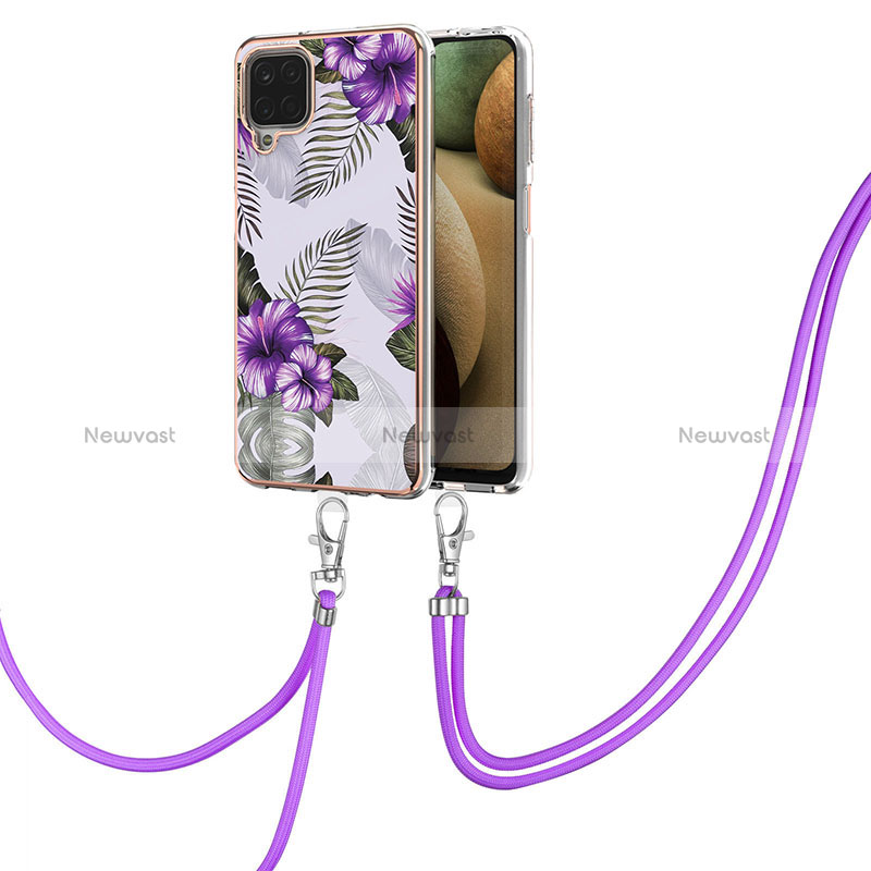 Silicone Candy Rubber Gel Fashionable Pattern Soft Case Cover with Lanyard Strap Y03B for Samsung Galaxy A12 5G Purple