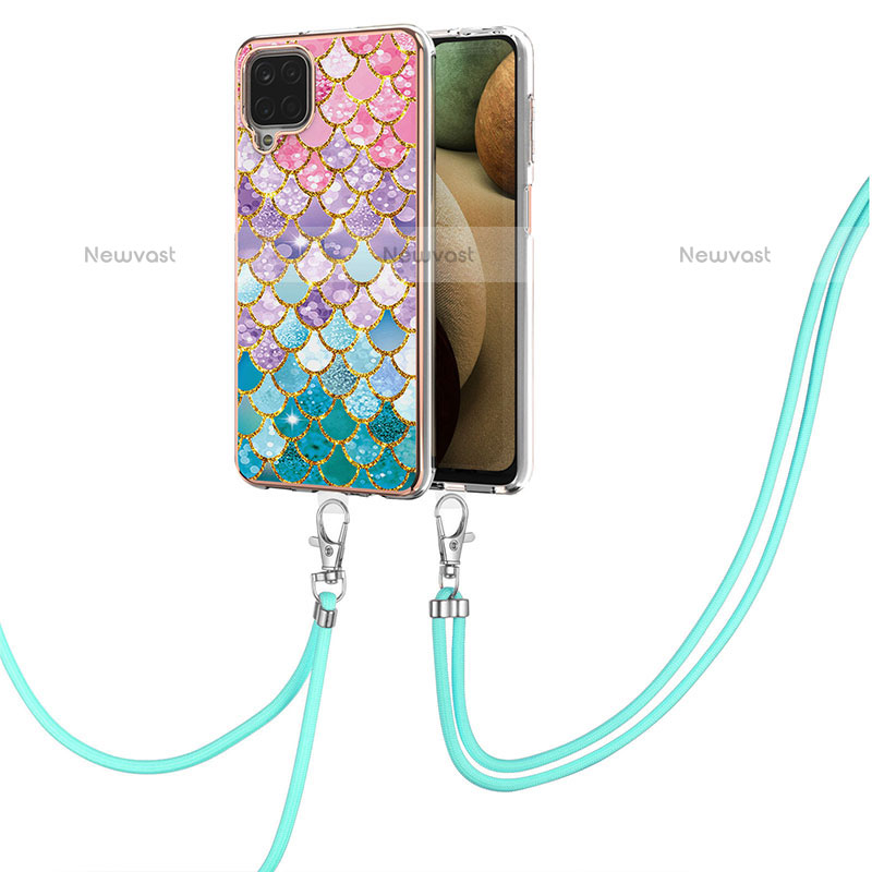 Silicone Candy Rubber Gel Fashionable Pattern Soft Case Cover with Lanyard Strap Y03B for Samsung Galaxy A12 Colorful
