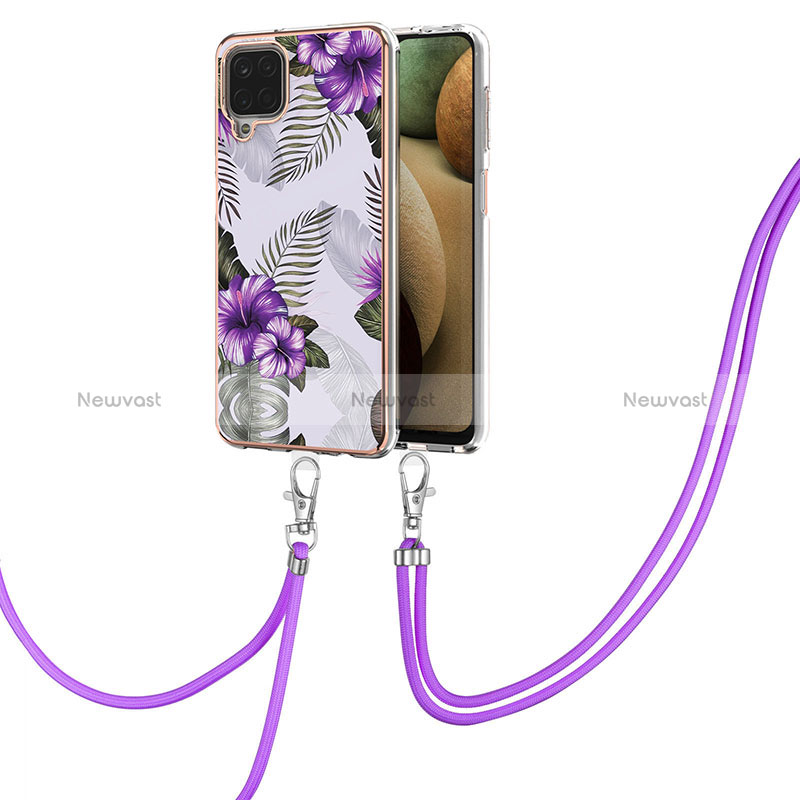 Silicone Candy Rubber Gel Fashionable Pattern Soft Case Cover with Lanyard Strap Y03B for Samsung Galaxy A12 Nacho Purple