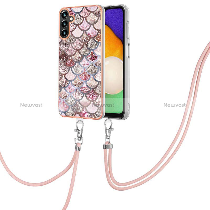 Silicone Candy Rubber Gel Fashionable Pattern Soft Case Cover with Lanyard Strap Y03B for Samsung Galaxy A13 5G Brown