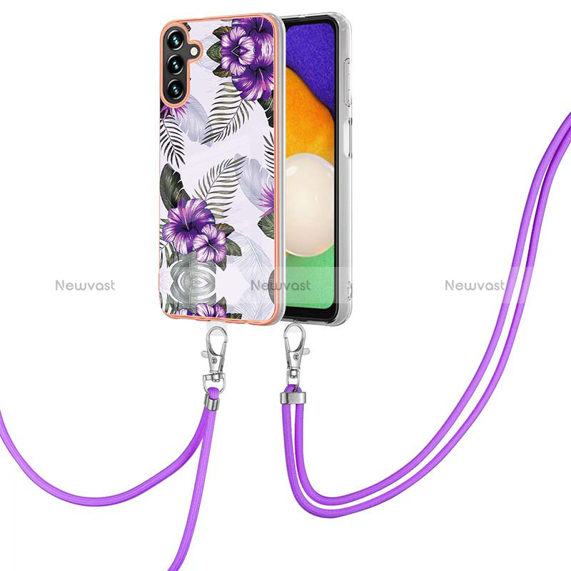 Silicone Candy Rubber Gel Fashionable Pattern Soft Case Cover with Lanyard Strap Y03B for Samsung Galaxy A13 5G Purple