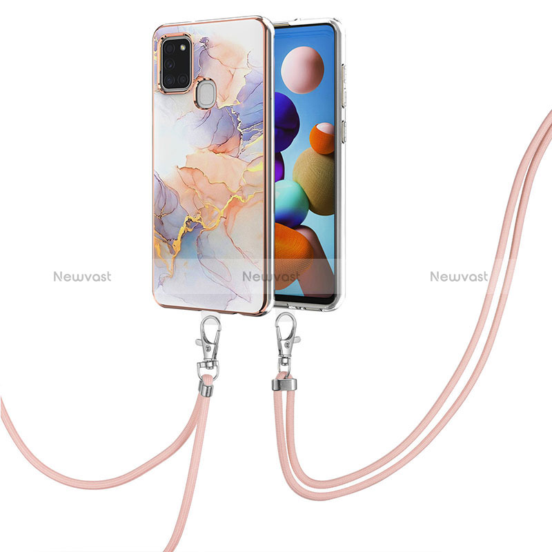 Silicone Candy Rubber Gel Fashionable Pattern Soft Case Cover with Lanyard Strap Y03B for Samsung Galaxy A21s