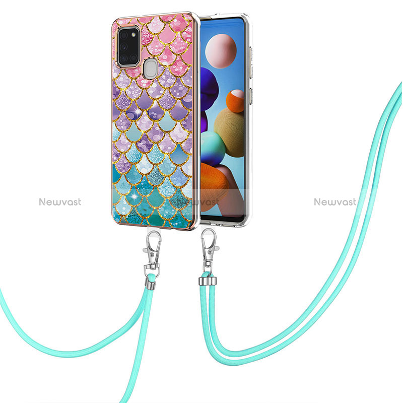 Silicone Candy Rubber Gel Fashionable Pattern Soft Case Cover with Lanyard Strap Y03B for Samsung Galaxy A21s