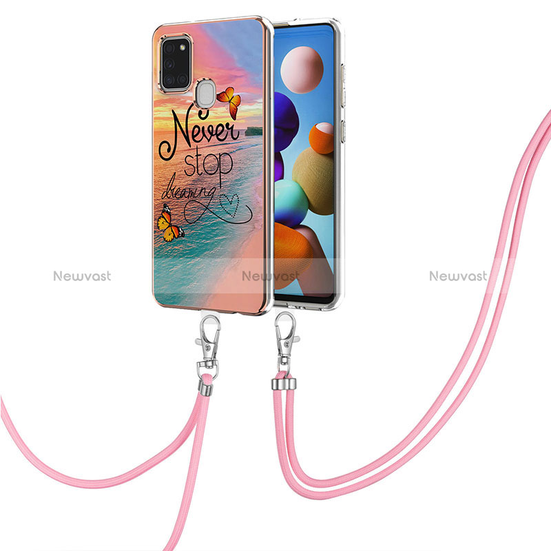 Silicone Candy Rubber Gel Fashionable Pattern Soft Case Cover with Lanyard Strap Y03B for Samsung Galaxy A21s