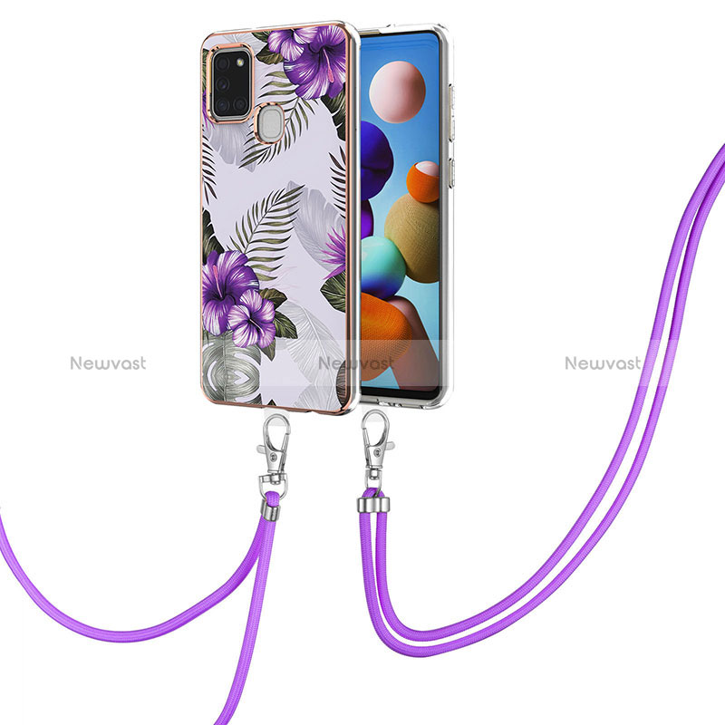 Silicone Candy Rubber Gel Fashionable Pattern Soft Case Cover with Lanyard Strap Y03B for Samsung Galaxy A21s Purple