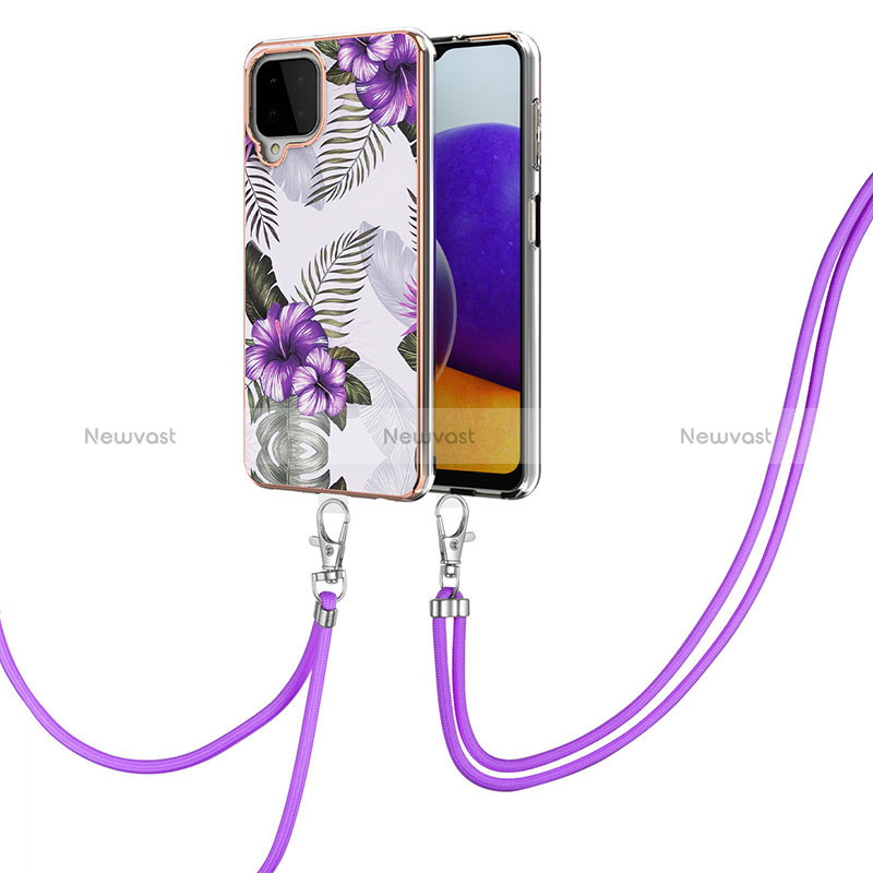 Silicone Candy Rubber Gel Fashionable Pattern Soft Case Cover with Lanyard Strap Y03B for Samsung Galaxy A22 4G Purple