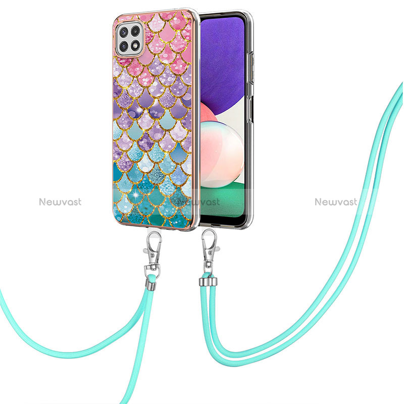 Silicone Candy Rubber Gel Fashionable Pattern Soft Case Cover with Lanyard Strap Y03B for Samsung Galaxy A22 5G