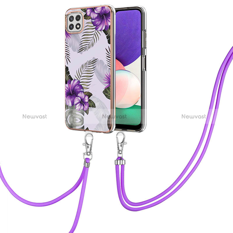 Silicone Candy Rubber Gel Fashionable Pattern Soft Case Cover with Lanyard Strap Y03B for Samsung Galaxy A22 5G Purple