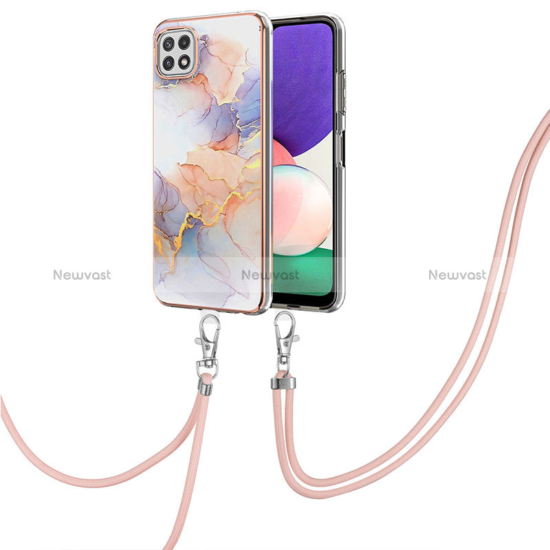 Silicone Candy Rubber Gel Fashionable Pattern Soft Case Cover with Lanyard Strap Y03B for Samsung Galaxy A22s 5G Clove Purple