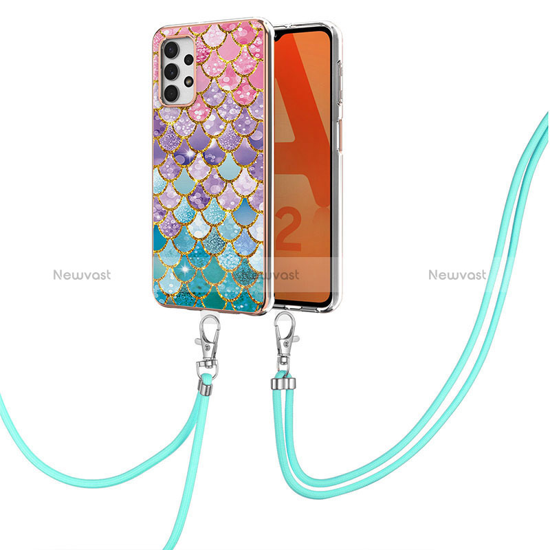 Silicone Candy Rubber Gel Fashionable Pattern Soft Case Cover with Lanyard Strap Y03B for Samsung Galaxy A32 5G Colorful