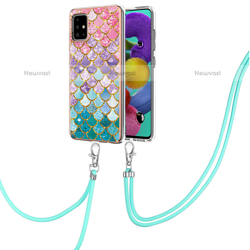 Silicone Candy Rubber Gel Fashionable Pattern Soft Case Cover with Lanyard Strap Y03B for Samsung Galaxy A51 4G Colorful