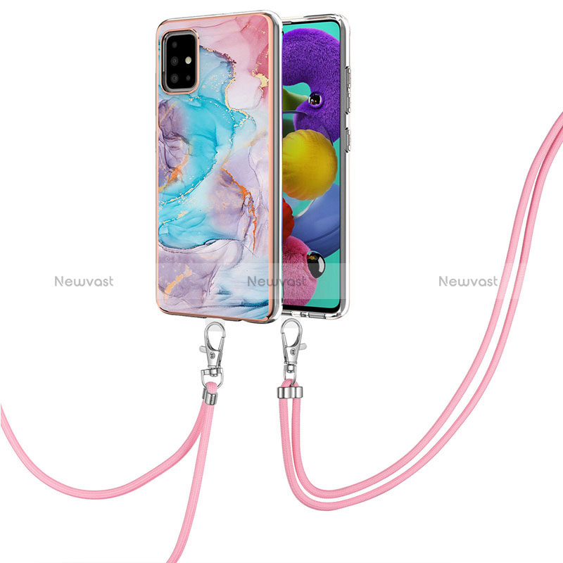 Silicone Candy Rubber Gel Fashionable Pattern Soft Case Cover with Lanyard Strap Y03B for Samsung Galaxy A51 5G Blue