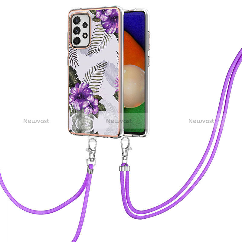 Silicone Candy Rubber Gel Fashionable Pattern Soft Case Cover with Lanyard Strap Y03B for Samsung Galaxy A52 5G Purple