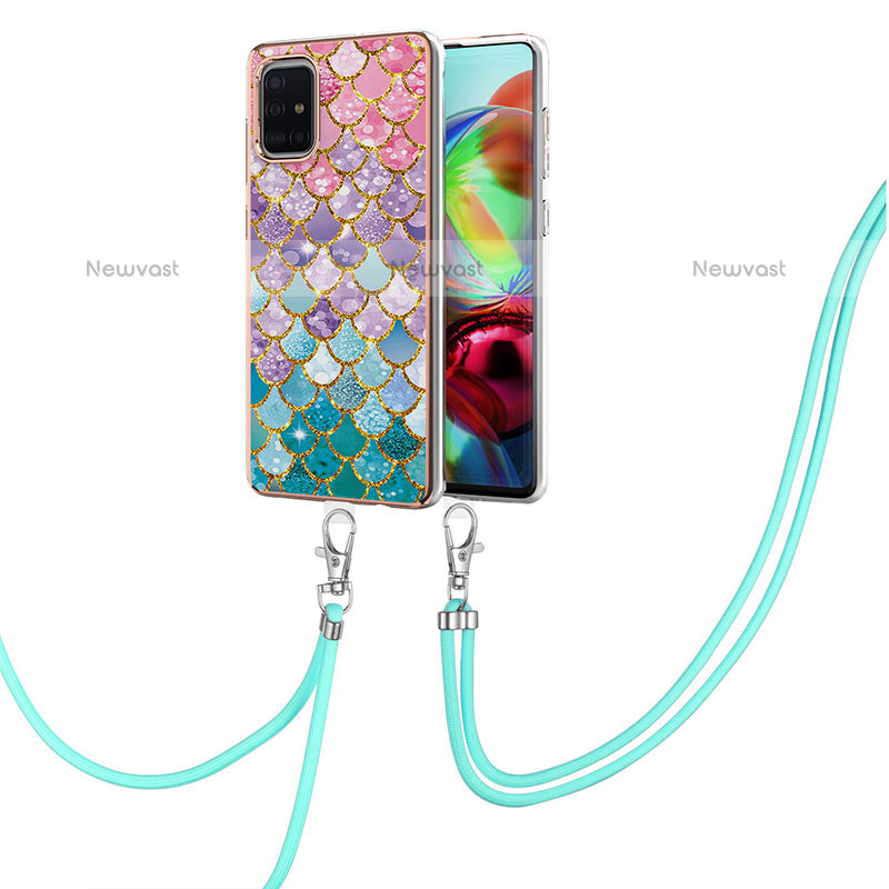 Silicone Candy Rubber Gel Fashionable Pattern Soft Case Cover with Lanyard Strap Y03B for Samsung Galaxy A71 4G A715 Colorful