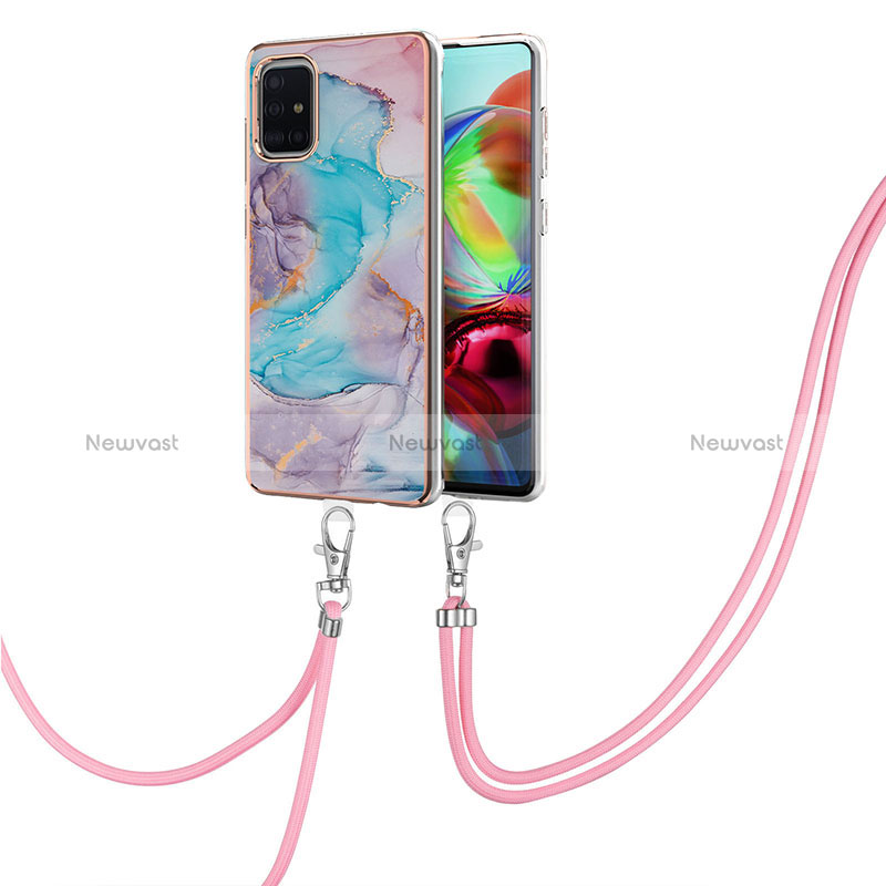 Silicone Candy Rubber Gel Fashionable Pattern Soft Case Cover with Lanyard Strap Y03B for Samsung Galaxy A71 5G Blue