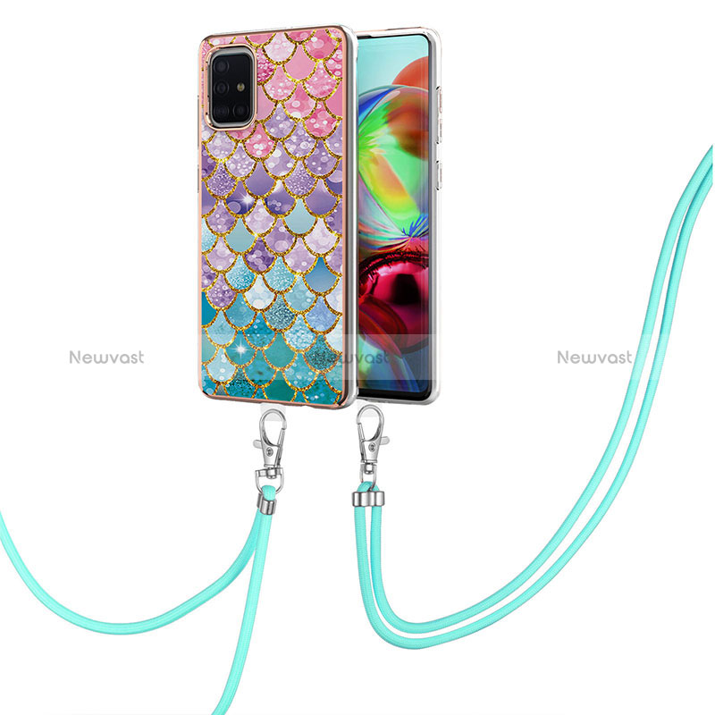 Silicone Candy Rubber Gel Fashionable Pattern Soft Case Cover with Lanyard Strap Y03B for Samsung Galaxy A71 5G Colorful