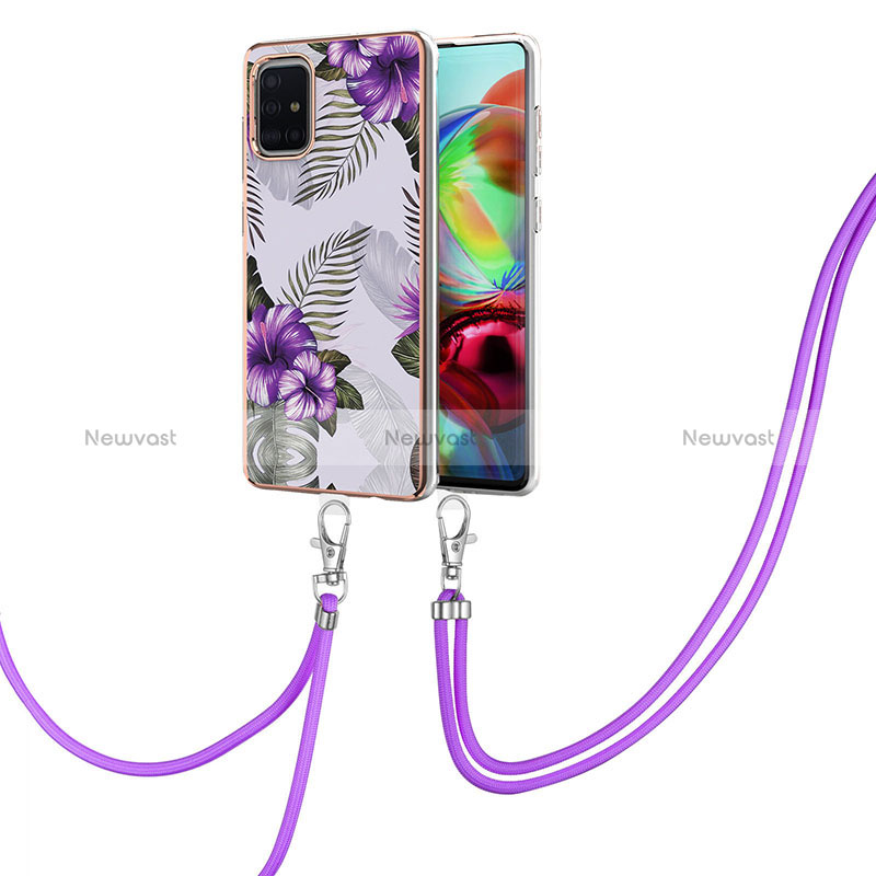 Silicone Candy Rubber Gel Fashionable Pattern Soft Case Cover with Lanyard Strap Y03B for Samsung Galaxy A71 5G Purple