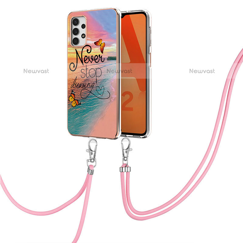 Silicone Candy Rubber Gel Fashionable Pattern Soft Case Cover with Lanyard Strap Y03B for Samsung Galaxy M32 5G