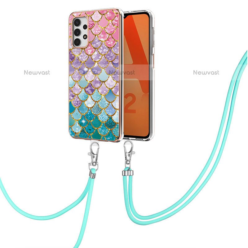 Silicone Candy Rubber Gel Fashionable Pattern Soft Case Cover with Lanyard Strap Y03B for Samsung Galaxy M32 5G Colorful