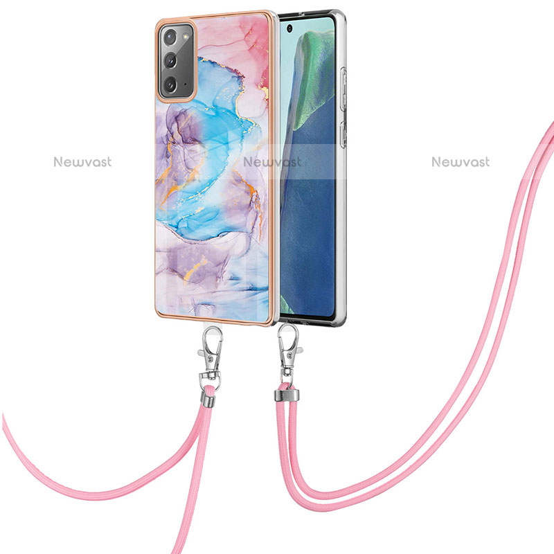 Silicone Candy Rubber Gel Fashionable Pattern Soft Case Cover with Lanyard Strap Y03B for Samsung Galaxy Note 20 5G Blue