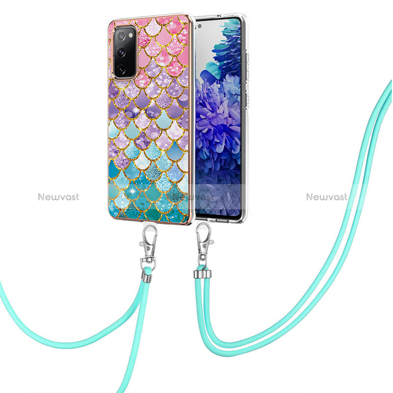 Silicone Candy Rubber Gel Fashionable Pattern Soft Case Cover with Lanyard Strap Y03B for Samsung Galaxy S20 FE 4G Colorful