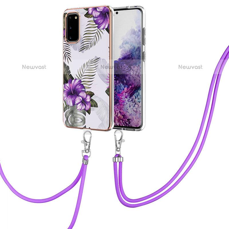 Silicone Candy Rubber Gel Fashionable Pattern Soft Case Cover with Lanyard Strap Y03B for Samsung Galaxy S20 Purple