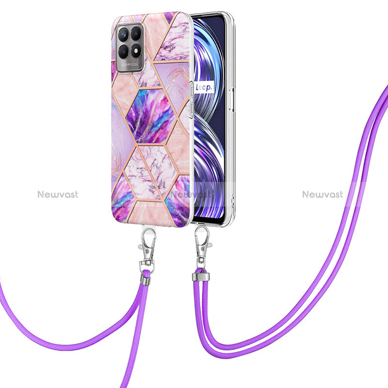 Silicone Candy Rubber Gel Fashionable Pattern Soft Case Cover with Lanyard Strap Y04B for Realme 8i Clove Purple