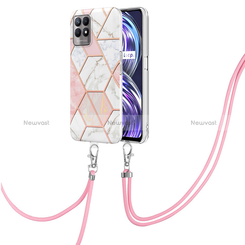 Silicone Candy Rubber Gel Fashionable Pattern Soft Case Cover with Lanyard Strap Y04B for Realme 8i Pink