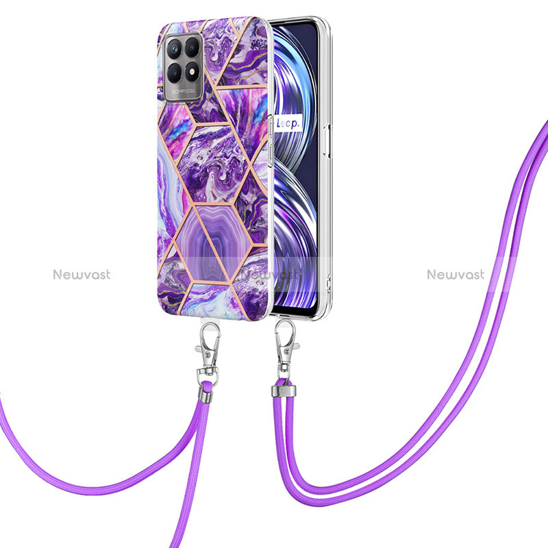 Silicone Candy Rubber Gel Fashionable Pattern Soft Case Cover with Lanyard Strap Y04B for Realme 8i Purple