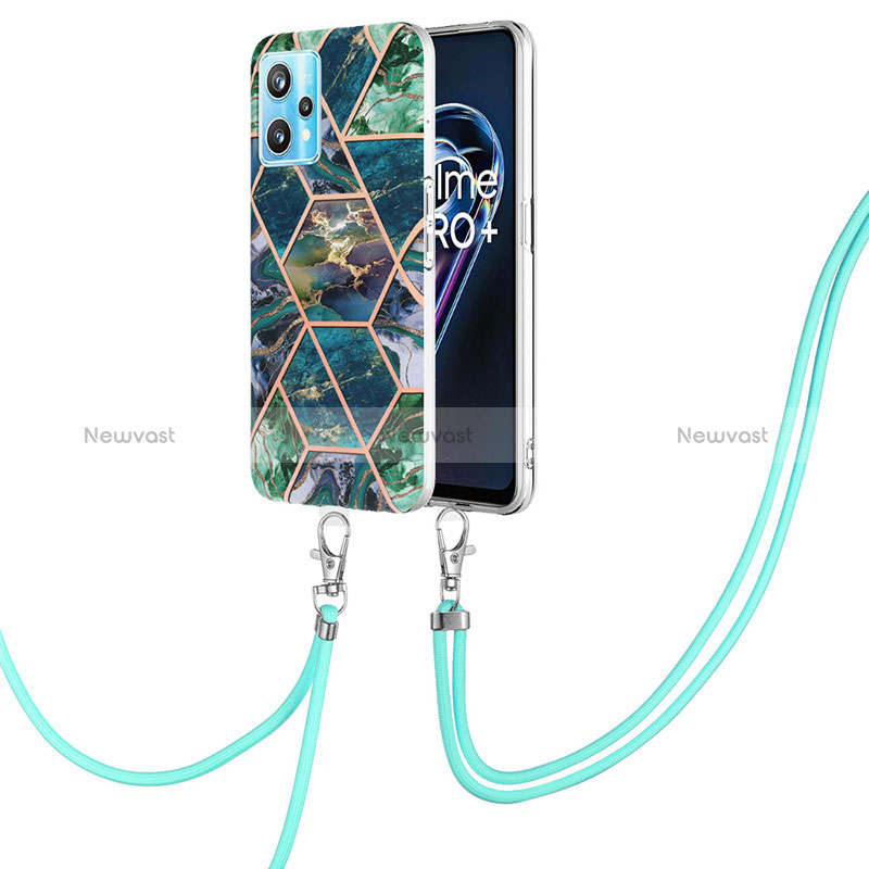 Silicone Candy Rubber Gel Fashionable Pattern Soft Case Cover with Lanyard Strap Y04B for Realme 9 Pro 5G Midnight Green